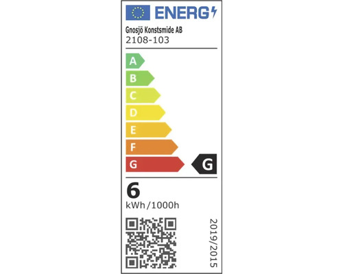 EU-energielabel voor Gnosjö Konstsmide AB 2108-103, energie-efficiëntieklasse G, energieverbruik 6 kilowattuur per 1000 uur.