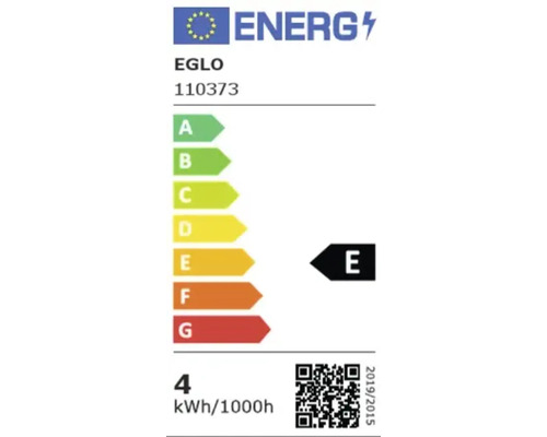 Europees energielabel voor Eglo 110373, klasse E, schaal A tot G, 4 kilowattuur per 1000 uur.