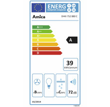 Energielabel Amica DHKI 752 880 C. Energie-efficiëntieklasse A, 39 kilowattuur per jaar, ventilatieklasse B, filterklasse C, 72 decibel.
