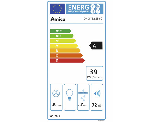 Energielabel Amica DHKI 752 880 C. Energie-efficiëntieklasse A, 39 kilowattuur per jaar, ventilatieklasse B, filterklasse C, 72 decibel.