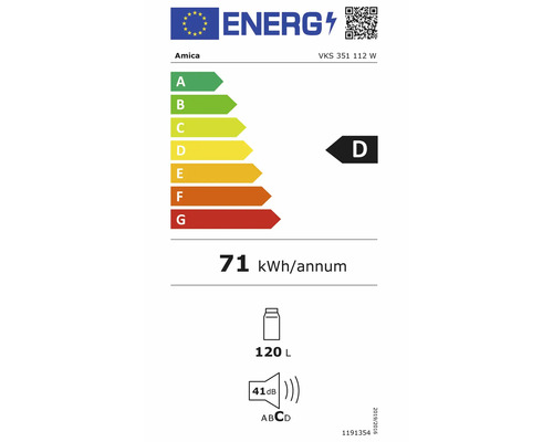 EU-energielabel voor Amica VKS 351 112 W, energie-efficiëntieklasse D, 71 kilowattuur per jaar, 120 liter volume, 41 decibel geluidsemissie.