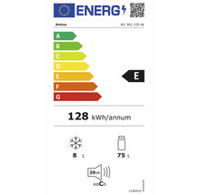 Europees energielabel Amica KS 361 155 W, klasse E, 128 kilowattuur per jaar, 8 liter vriesvak, 75 liter koelvak, 39 decibel.