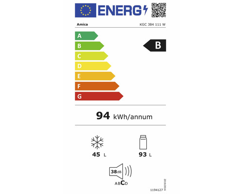 EU-energielabel voor Amica KGC 384 111 W. Energieklasse B, 94 kilowattuur per jaar, 93 liter koelgedeelte, 45 liter vriesgedeelte, 38 decibel.