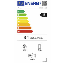 Europees energielabel Amica KGC 384 111 E: klasse B, 94 kilowattuur per jaar, vriezen 45 liter, koelen 93 liter, 38 decibel.