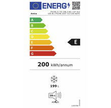 Energielabel Amica vriezer, klasse E, 200 kilowattuur per jaar, 199 liter vriesinhoud, 39 decibel klasse C.