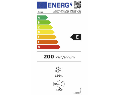 Energielabel Amica vriezer, klasse E, 200 kilowattuur per jaar, 199 liter vriesinhoud, 39 decibel klasse C.
