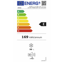 Europees energielabel Amica FS098.3, energie-efficiëntieklasse E, 169 kilowattuur per jaar, 99 liter inhoud, 39 decibel geluidsniveau klasse C.