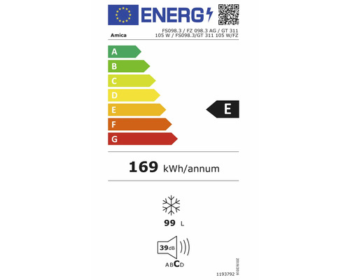 Europees energielabel Amica FS098.3, energie-efficiëntieklasse E, 169 kilowattuur per jaar, 99 liter inhoud, 39 decibel geluidsniveau klasse C.