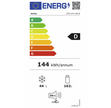 Europees energielabel Amica DTR 374 190 B, klasse D, 144 kilowattuur per jaar, 44 liter vriesvak, 162 liter koelvak, 39 decibel.