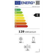 Energielabel Amica KGCR 387 102 B: energieklasse C, 129 kilowattuur per jaar, 63 liter vriesvak, 181 liter koelvak, 38 decibel.