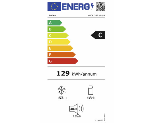 Energielabel Amica KGCR 387 102 B: energieklasse C, 129 kilowattuur per jaar, 63 liter vriesvak, 181 liter koelvak, 38 decibel.