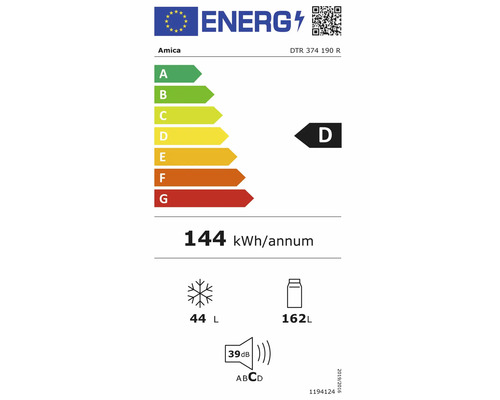 EU-energielabel Amica DTR 374 190 R, klasse D, 144 kilowattuur per jaar, 162 liter koelruimte, 44 liter vriesruimte, 39 decibel.