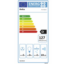 Amica energielabel voor model FH 17162 E, energie-efficiëntieklasse D, honderdzevenentwintig kilowattuur per jaar, negenenzestig decibel.