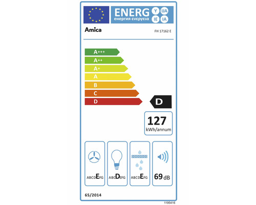 Amica energielabel voor model FH 17162 E, energie-efficiëntieklasse D, honderdzevenentwintig kilowattuur per jaar, negenenzestig decibel.