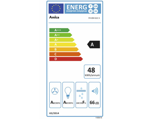 Amica Logo, energielabel voor model FH 694 621 S met energie-efficiëntieklasse A en een energieverbruik van 48 kilowattuur per jaar.