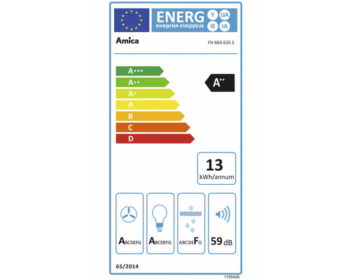 Amica energielabel voor FH 664 635 S met energie-efficiëntieklasse A plus plus, 13 kilowattuur per jaar en 59 decibel.