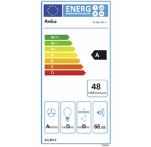 Energielabel Amica FH 664 301 S. Klasse A, 48 kilowattuur. Ventilatorefficiëntie A, lichtefficiëntie D, vetfilterefficiëntie D, 66 decibel.