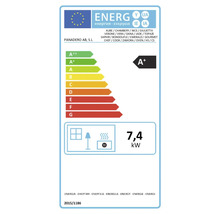 EU-energielabel voor Panadero houtkachels met energie-efficiëntieklasse A plus en een vermogen van 7,4 kilowatt.