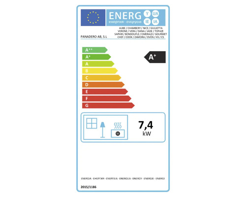 EU-energielabel voor Panadero houtkachels met energie-efficiëntieklasse A plus en een vermogen van 7,4 kilowatt.