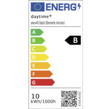 EU-energielabel voor daytime onex40 black Dennerle Version, energie-efficiëntieklasse B, energieverbruik 10 kilowattuur per 1000 uur.