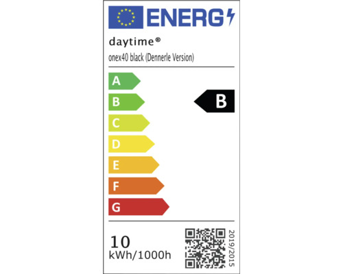 EU-energielabel voor daytime onex40 black Dennerle Version, energie-efficiëntieklasse B, energieverbruik 10 kilowattuur per 1000 uur.