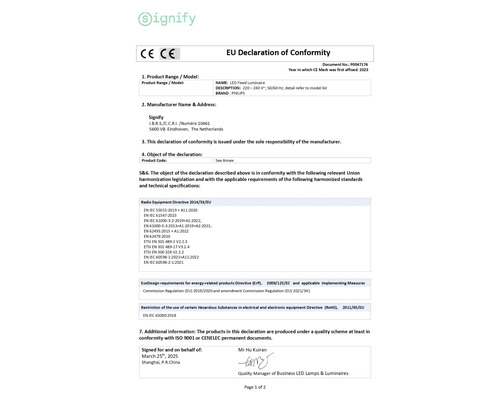Europese conformiteitsverklaring voor Philips lichtemitterende diode armatuur van Signify met Signify Logo en conformiteitsmarkering.