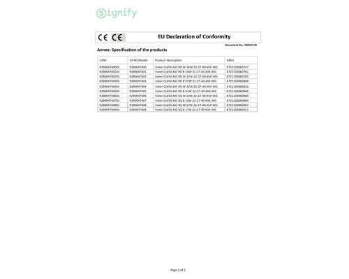 Signify Logo, conformiteitsverklaring van de Europese Unie met productspecificaties voor Valen-verlichting en symbool voor Europese conformiteit.