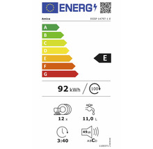 EU-energielabel Amica EGSP 14797-1 E: klasse E, 92 kilowattuur per 100 cycli, 12 couverts, 11,0 liter, 3 uur 40 minuten, 49 decibel, klasse C.