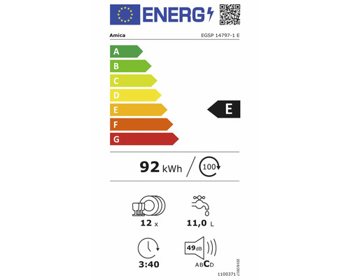 EU-energielabel Amica EGSP 14797-1 E: klasse E, 92 kilowattuur per 100 cycli, 12 couverts, 11,0 liter, 3 uur 40 minuten, 49 decibel, klasse C.