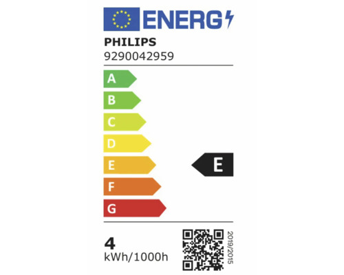 Europees energielabel Philips 9290042959, energie-efficiëntieklasse E, schaal A tot G, verbruik 4 kilowattuur per 1000 uur.