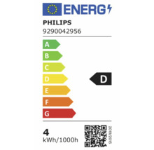EU-energielabel voor Philips model 9290042956, energie-efficiëntieklasse D, energieverbruik 4 kilowattuur per 1000 uur.