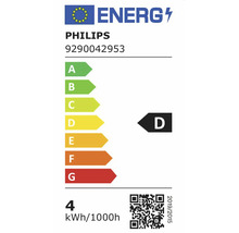 EU-energielabel klasse D voor Philips 9290042953, energieverbruik 4 kilowattuur per 1000 uur.