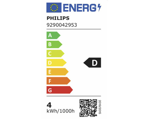 EU-energielabel klasse D voor Philips 9290042953, energieverbruik 4 kilowattuur per 1000 uur.