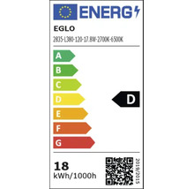 Energielabel voor Eglo model 2835-L380-120-17.8W-2700K-6500K, energie-efficiëntieklasse D, 18 kilowattuur per 1000 uur.