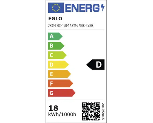 Energielabel voor Eglo model 2835-L380-120-17.8W-2700K-6500K, energie-efficiëntieklasse D, 18 kilowattuur per 1000 uur.