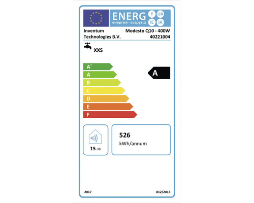 Energielabel Inventum Modesto Q10 400 Watt, klasse A, profiel XXS, 526 kilowattuur per jaar, 15 decibel.