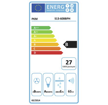 EU-energielabel voor PKM afzuigkap S13-60BBPH met energie-efficiëntieklasse B, 27 kilowattuur per jaar en 65 decibel.