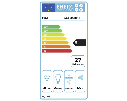 EU-energielabel voor PKM afzuigkap S13-60BBPH met energie-efficiëntieklasse B, 27 kilowattuur per jaar en 65 decibel.
