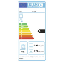 Energielabel PKM oven F7-2SA. Energieklasse A, volume 65 liter. Verbruik conventioneel 0,99 en hetelucht 0,77 Kilowattuur per cyclus.