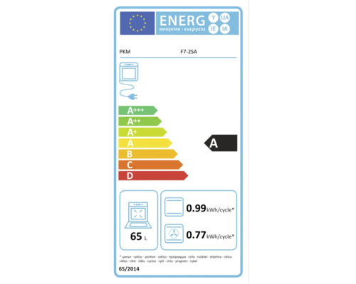 Energielabel PKM oven F7-2SA. Energieklasse A, volume 65 liter. Verbruik conventioneel 0,99 en hetelucht 0,77 Kilowattuur per cyclus.