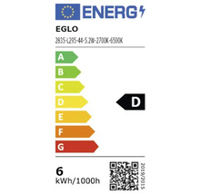 Eglo energielabel 2835-L295-44-5.2 Watt-2700 Kelvin-6500 Kelvin, klasse D, 6 kilowattuur per 1000 uur.