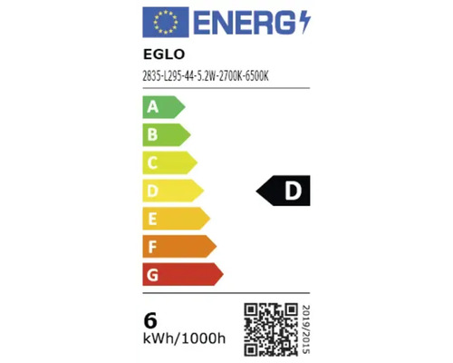 Eglo energielabel 2835-L295-44-5.2 Watt-2700 Kelvin-6500 Kelvin, klasse D, 6 kilowattuur per 1000 uur.