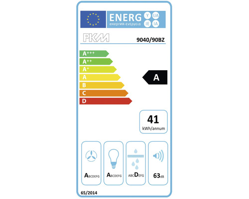 EU energie-efficiëntielabel voor PKM afzuigkap 9040/90BZ met energieklasse A en een verbruik van 41 kilowattuur per jaar.