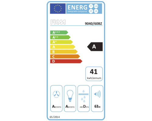 PKM afzuigkap 9040 60BZ EU energielabel met energieklasse A en 41 kilowattuur per jaar