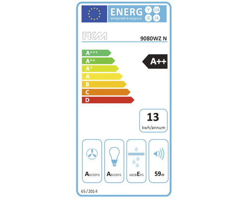 EU energie-efficiëntielabel voor PKM 9080WZ N afzuigkap met energieklasse A++ en 13 kilowattuur per jaar.