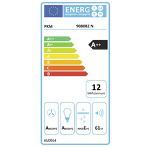 EU energielabel voor PKM 9080BZ N afzuigkap met energieklasse A++ en een jaarlijks energieverbruik van 12 kilowattuur.