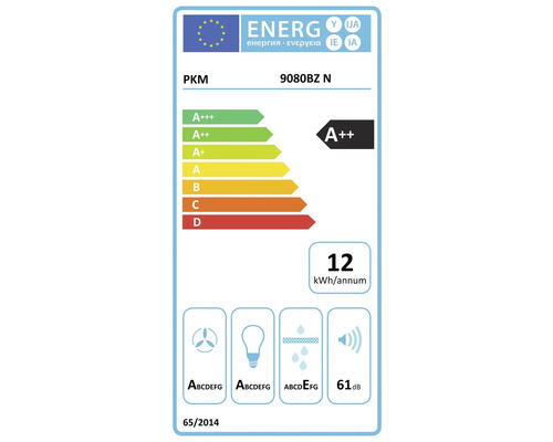 EU energielabel voor PKM 9080BZ N afzuigkap met energieklasse A++ en een jaarlijks energieverbruik van 12 kilowattuur.