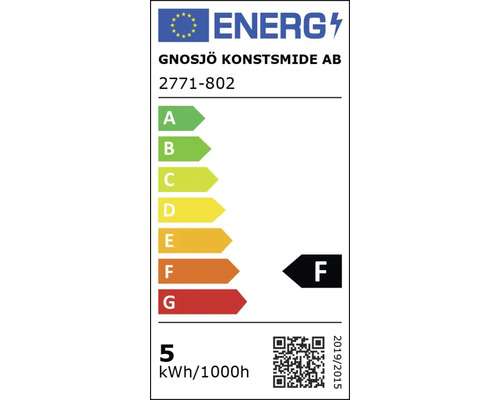 EU energie-efficiëntielabel voor Gnosjö Konstsmide AB model 2771-802, energieklasse F, energieverbruik 5 kilowattuur per 1000 uur.