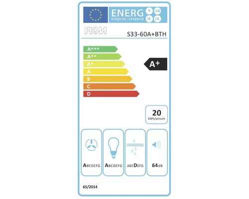 PKM energielabel S33-60A+BTH met energie-efficiëntieklasse A+, een jaarlijks energieverbruik van 20 kilowattuur en een geluidsniveau van 64 decibel.