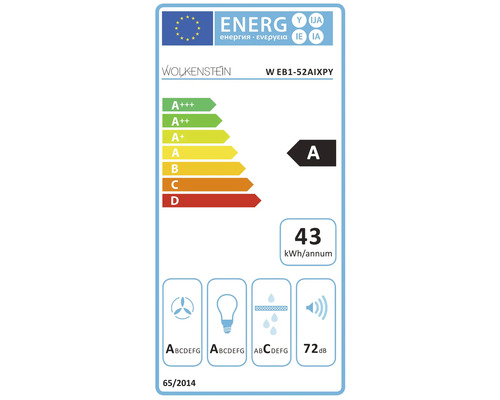 Wolkenstein WEB1-52AIXPY energielabel met energie-efficiëntieklasse A, jaarlijks energieverbruik van 43 kilowattuur en geluidsemissie van 72 decibel